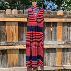 navy/orange striped print sleeveless maxi dress
